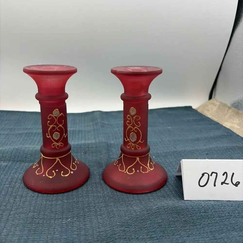 Two Vintage Gaomi Hand-Painted Pink Cranberry Glass Taper Candle Stick Holders